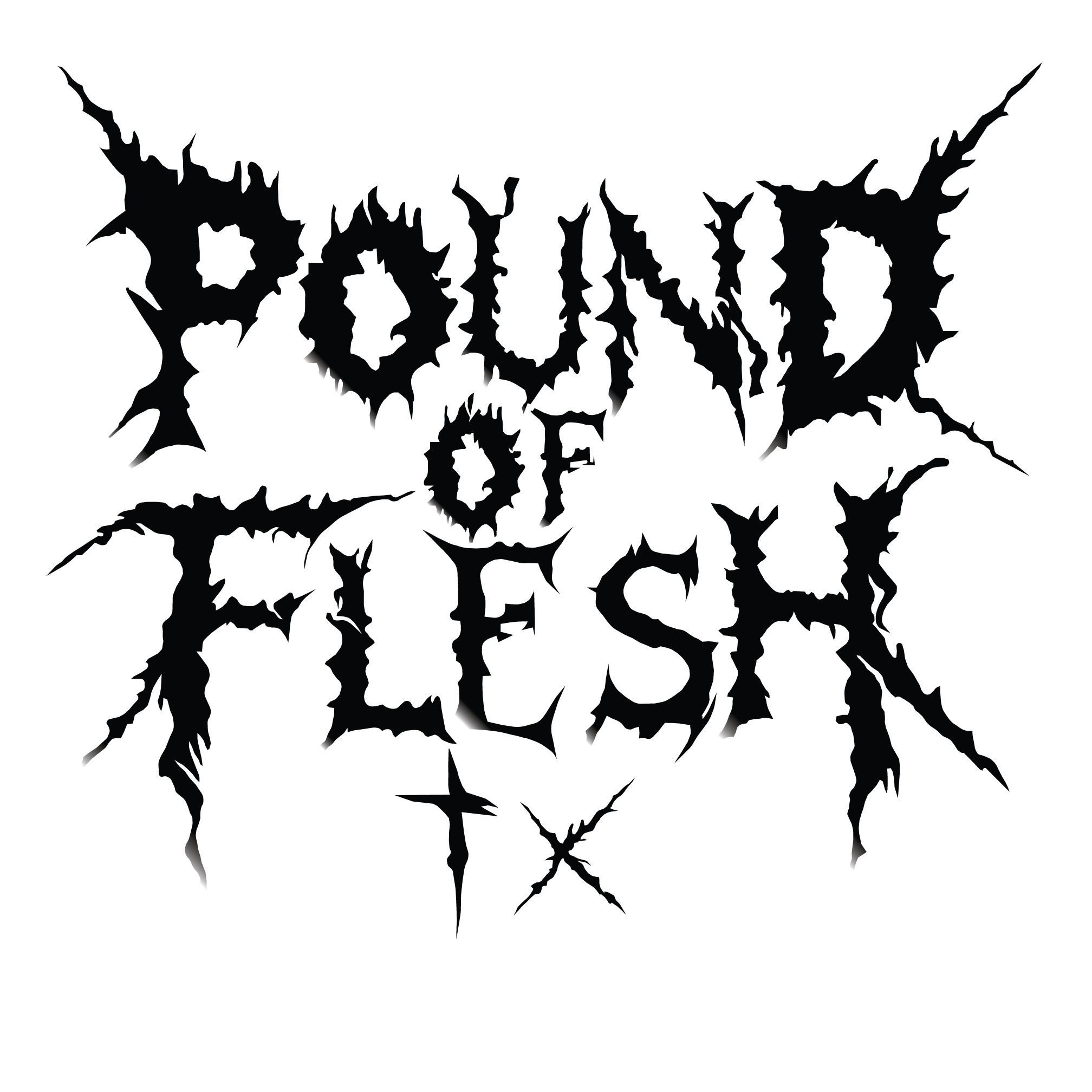 New Pound of Flesh TX Logo with black letters and a white outline.